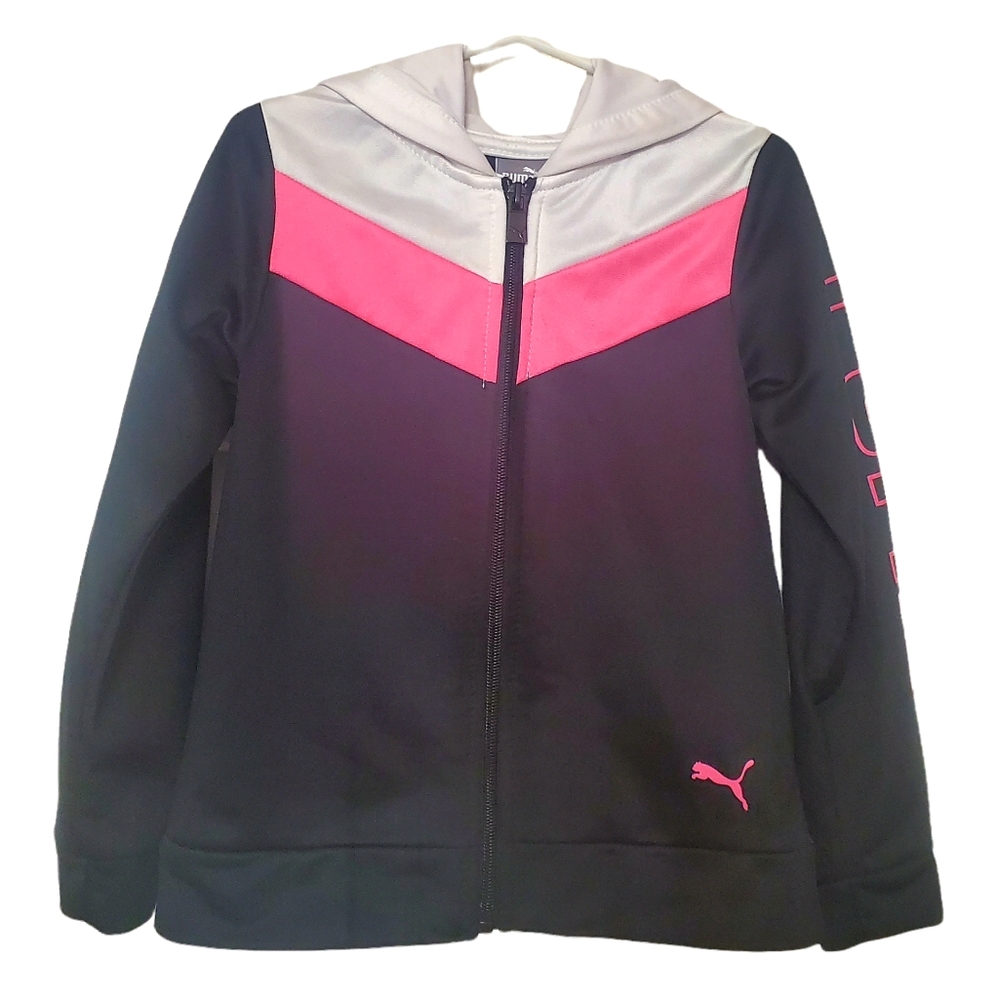 Girl's size 5 Puma black, pink, & white sport zip up jacket w/ hoodie